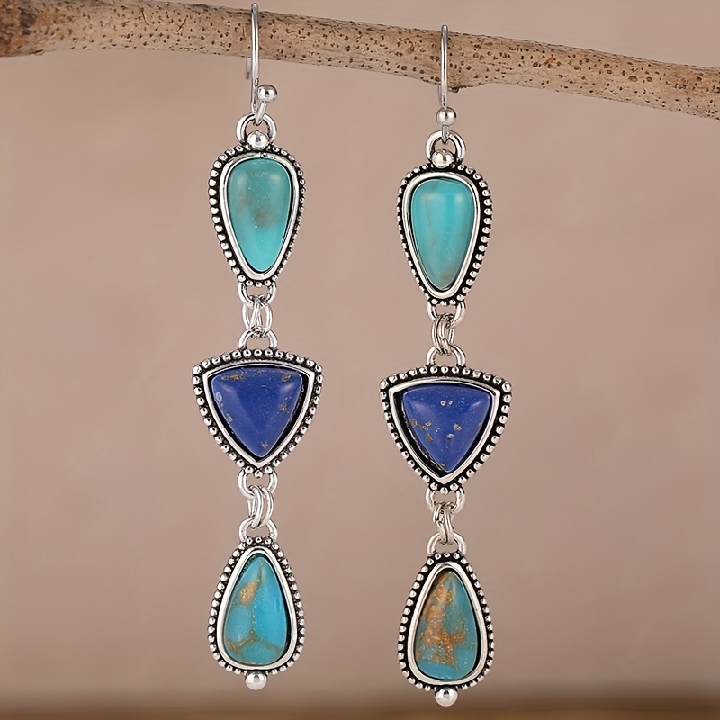 Boho Style Synthetic Lapis & Turquoise Dangle Earrings